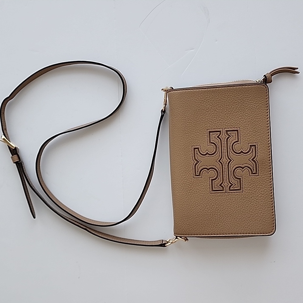 Tory Burch Crossbody Wallet Tan Leather Harper with Gold Hardware